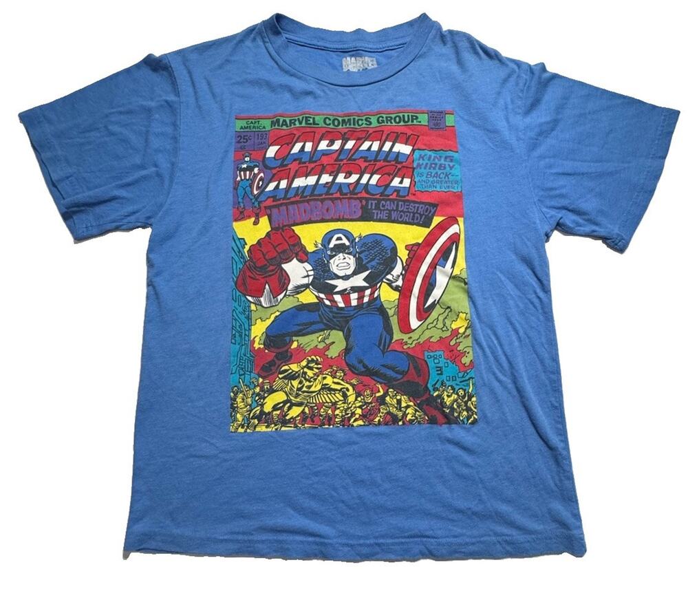 Marvel Captain America Madbomb Comic Cover T Shirt Boys Large Blue Graphic